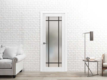 Solid French Door | Planum 2112 White Silk Frosted Glass | Single Regular Panel Frame Trims Handle | Bathroom Bedroom Sturdy Doors
