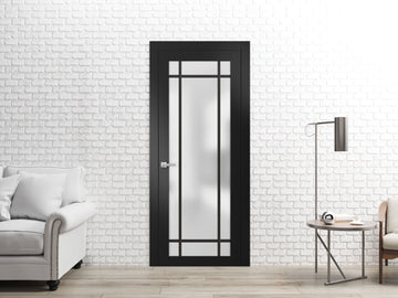 Solid French Door | Planum 2112 Matte Black Frosted Glass | Single Regular Panel Frame Trims Handle | Bathroom Bedroom Sturdy Doors