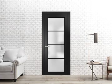Solid French Door | Planum 2132 Matte Black Frosted Glass | Single Regular Panel Frame Trims Handle | Bathroom Bedroom Sturdy Doors