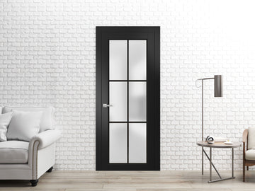 Solid French Door | Planum 2122 Matte Black Frosted Glass | Single Regular Panel Frame Trims Handle | Bathroom Bedroom Sturdy Doors