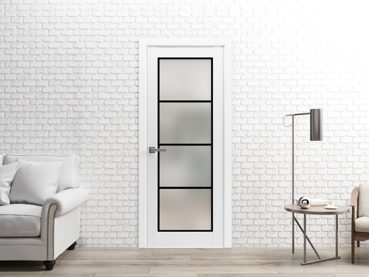 Solid French Door | Planum 2132 White Silk Frosted Glass | Single Regular Panel Frame Trims Handle | Bathroom Bedroom Sturdy Doors