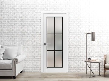 Solid French Door | Planum 2122 White Silk Frosted Glass | Single Regular Panel Frame Trims Handle | Bathroom Bedroom Sturdy Doors