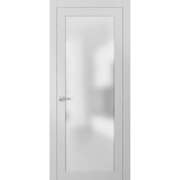 Solid French Door | Planum 2102 White Silk with Frosted Glass | Single Regular Panel Frame Trims Handle | Bathroom Bedroom Sturdy Doors