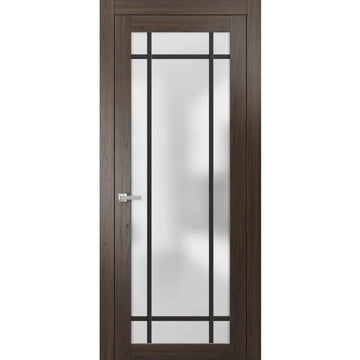 Solid French Door | Planum 2112 Chocolate Ash Frosted Glass | Single Regular Panel Frame Trims Handle | Bathroom Bedroom Sturdy Doors