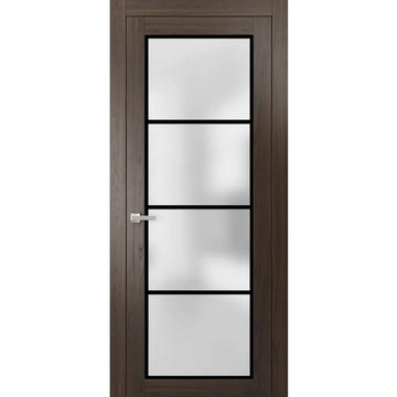Solid French Door | Planum 2132 Chocolate Ash Frosted Glass | Single Regular Panel Frame Trims Handle | Bathroom Bedroom Sturdy Doors