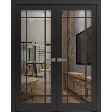 Solid French Double Doors | Lucia 2266 Matte Black Clear Glass | Wood Solid Panel Frame Trims | Closet Bedroom Sturdy Doors