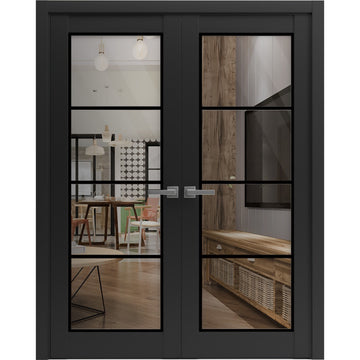 Solid French Double Doors | Lucia 2466 Matte Black Clear Glass | Wood Solid Panel Frame Trims | Closet Bedroom Sturdy Doors
