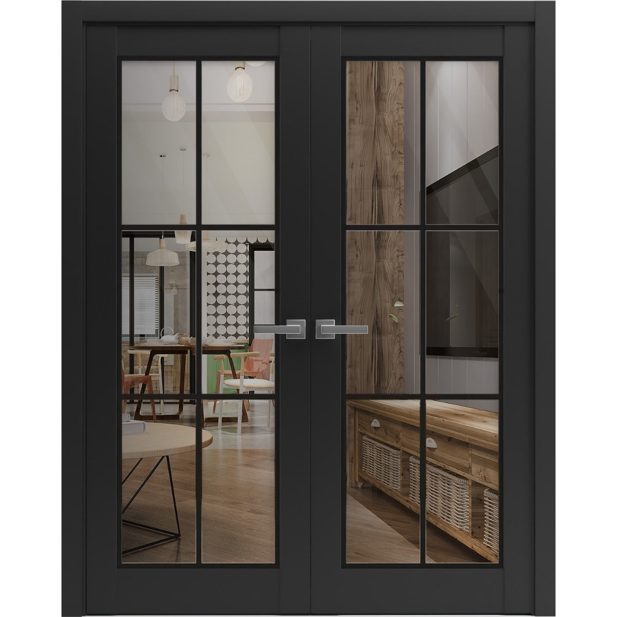 Solid French Double Doors | Lucia 2366 Matte Black Clear Glass | Wood Solid Panel Frame Trims | Closet Bedroom Sturdy Doors