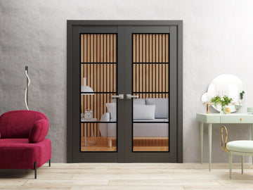 Solid French Double Doors | Lucia 2466 Matte Black Clear Glass | Wood Solid Panel Frame Trims | Closet Bedroom Sturdy Doors
