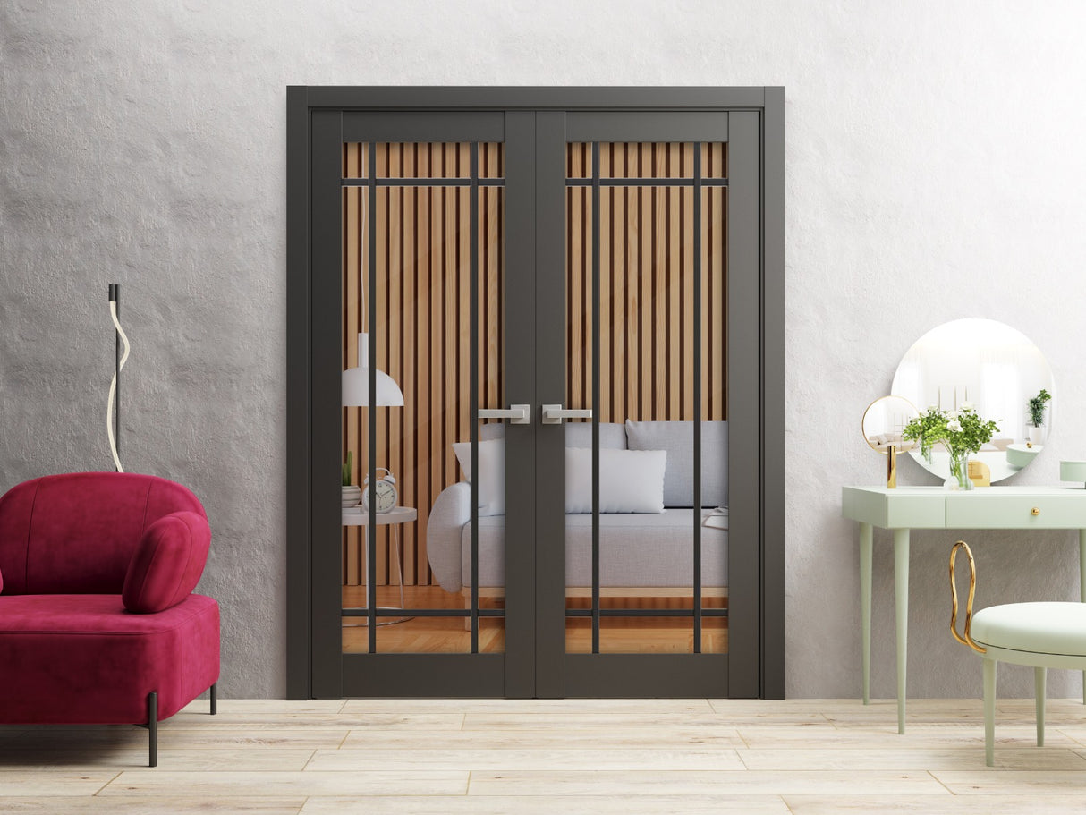 Solid French Double Doors | Lucia 2266 Matte Black Clear Glass | Wood Solid Panel Frame Trims | Closet Bedroom Sturdy Doors