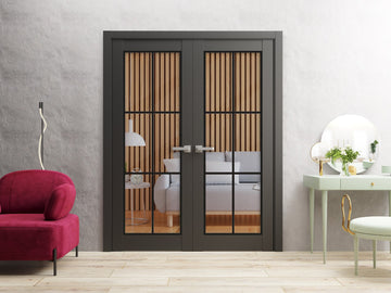 Solid French Double Doors | Lucia 2366 Matte Black Clear Glass | Wood Solid Panel Frame Trims | Closet Bedroom Sturdy Doors