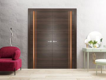 Solid French Double Doors | Planum 1010 Chocolate Ash | Wood Solid Panel Frame Trims | Closet Bedroom