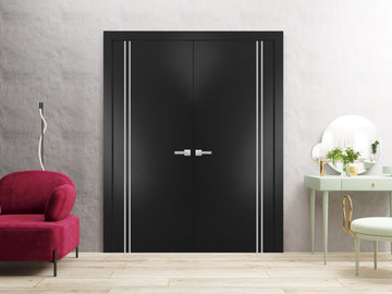 Solid French Double Doors | Planum 0310 Matte Black | Wood Solid Panel Frame Trims | Closet Bedroom