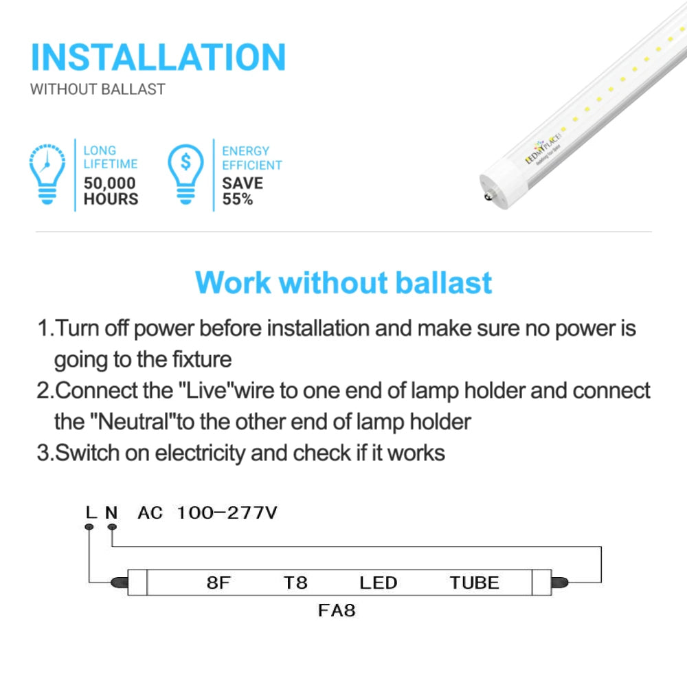 T8 8ft LED Tube/Bulb - 48w/40w/36w/32w Wattage Adjustable, 130lm/w, 3000k/4000k/5000k/6500k CCT Changeable, Frosted, FA8 Single Pin, Double End Power - Ballast Bypass