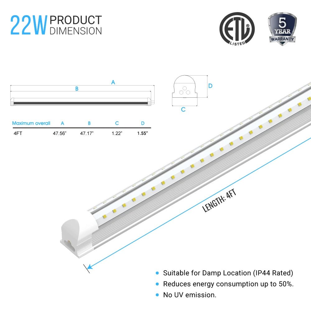 22W Integrated LED Tube Light - 4ft V Shape - 6500k Clear Cover - Works without T8 Ballast - BUILDMYPLACE