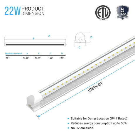 22W Integrated LED Tube Light - 4ft V Shape - 6500k Clear Cover - Works without T8 Ballast - BUILDMYPLACE