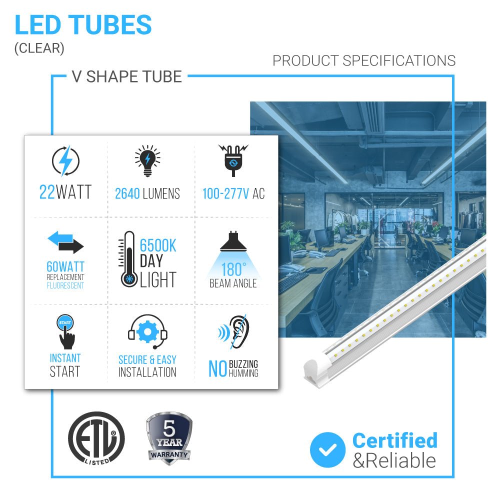 22W Integrated LED Tube Light - 4ft V Shape - 6500k Clear Cover - Works without T8 Ballast - BUILDMYPLACE