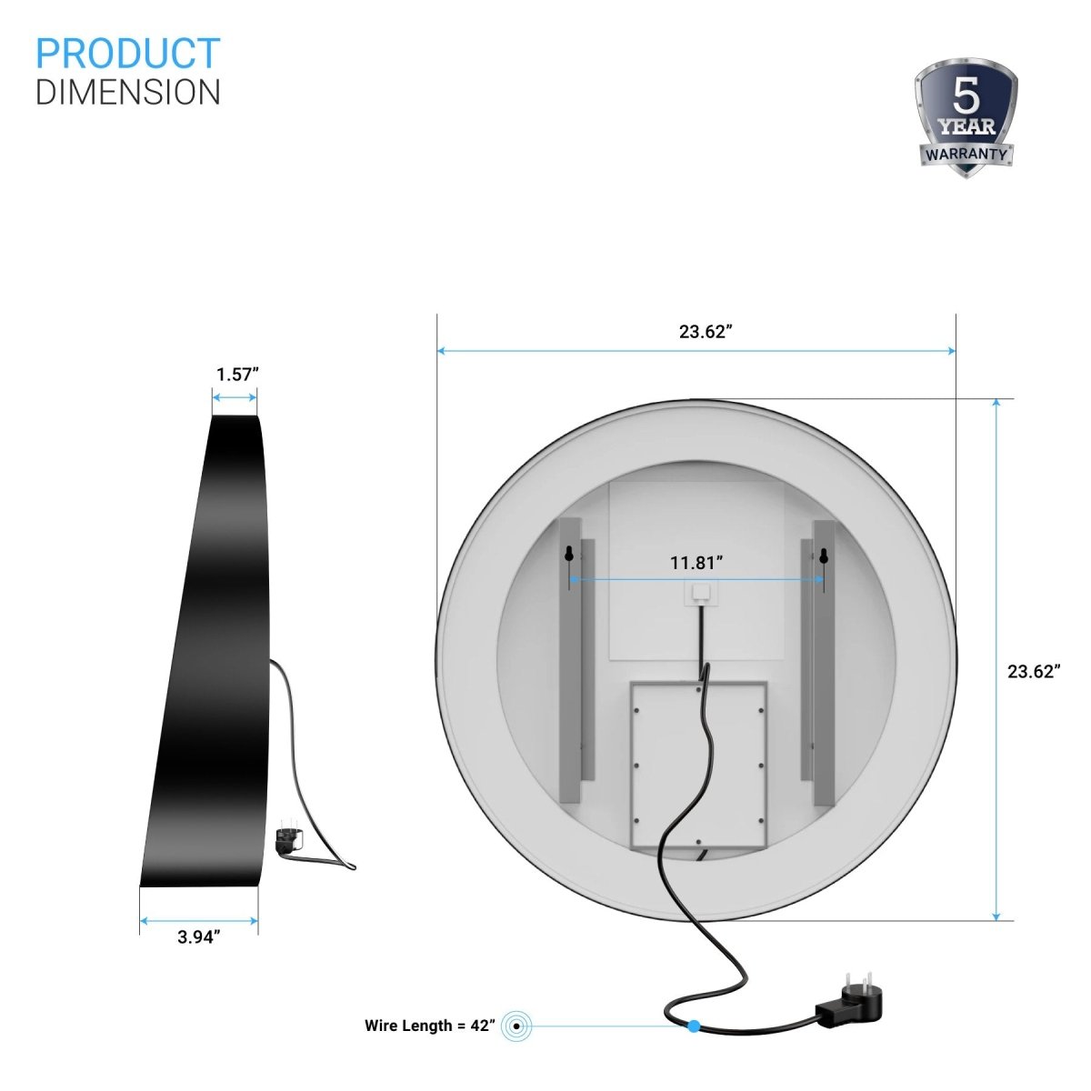 24 Inch Round LED Lighted Bathroom Vanity Mirror with Shelf, Touch Switch, Defogger and CCT Remembrance, CRI 90+, Raven Round Style - BUILDMYPLACE