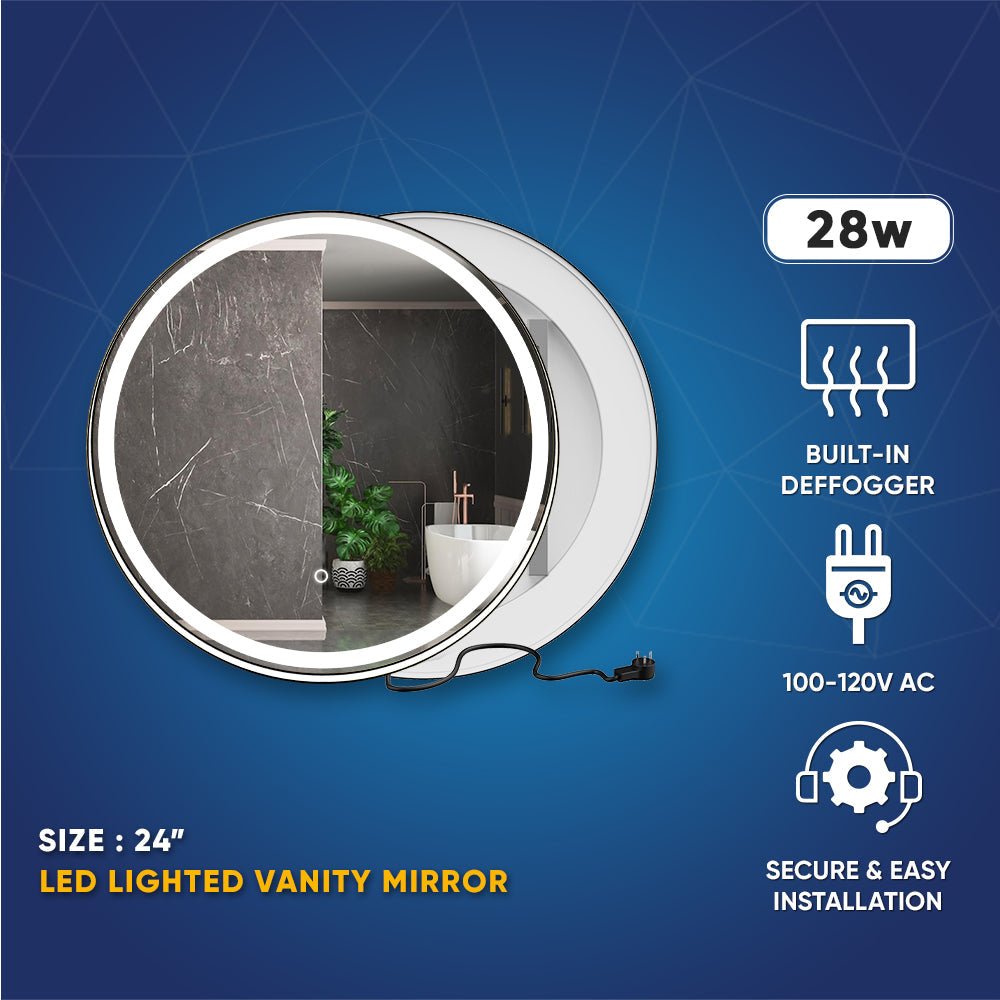 24 Inch Round LED Lighted Bathroom Vanity Mirror with Shelf, Touch Switch, Defogger and CCT Remembrance, CRI 90+, Raven Round Style - BUILDMYPLACE