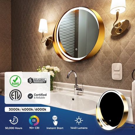 24 Inch Round LED Lighted Bathroom Vanity Mirror with Shelf, Touch Switch, Defogger and CCT Remembrance, CRI 90+, Raven Round Style - BUILDMYPLACE