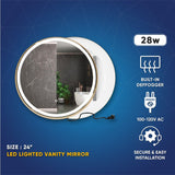 24 Inch Round LED Lighted Bathroom Vanity Mirror with Shelf, Touch Switch, Defogger and CCT Remembrance, CRI 90+, Raven Round Style - BUILDMYPLACE