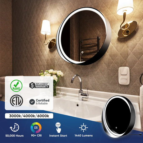 24 Inch Round LED Lighted Bathroom Vanity Mirror with Shelf, Touch Switch, Defogger and CCT Remembrance, CRI 90+, Raven Round Style - BUILDMYPLACE