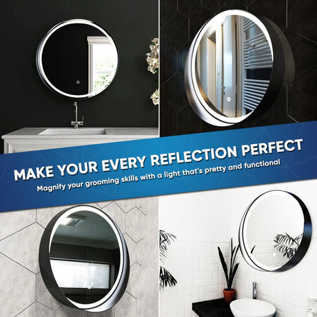 24 Inch Round LED Lighted Bathroom Vanity Mirror with Shelf, Touch Switch, Defogger and CCT Remembrance, CRI 90+, Raven Round Style - BUILDMYPLACE