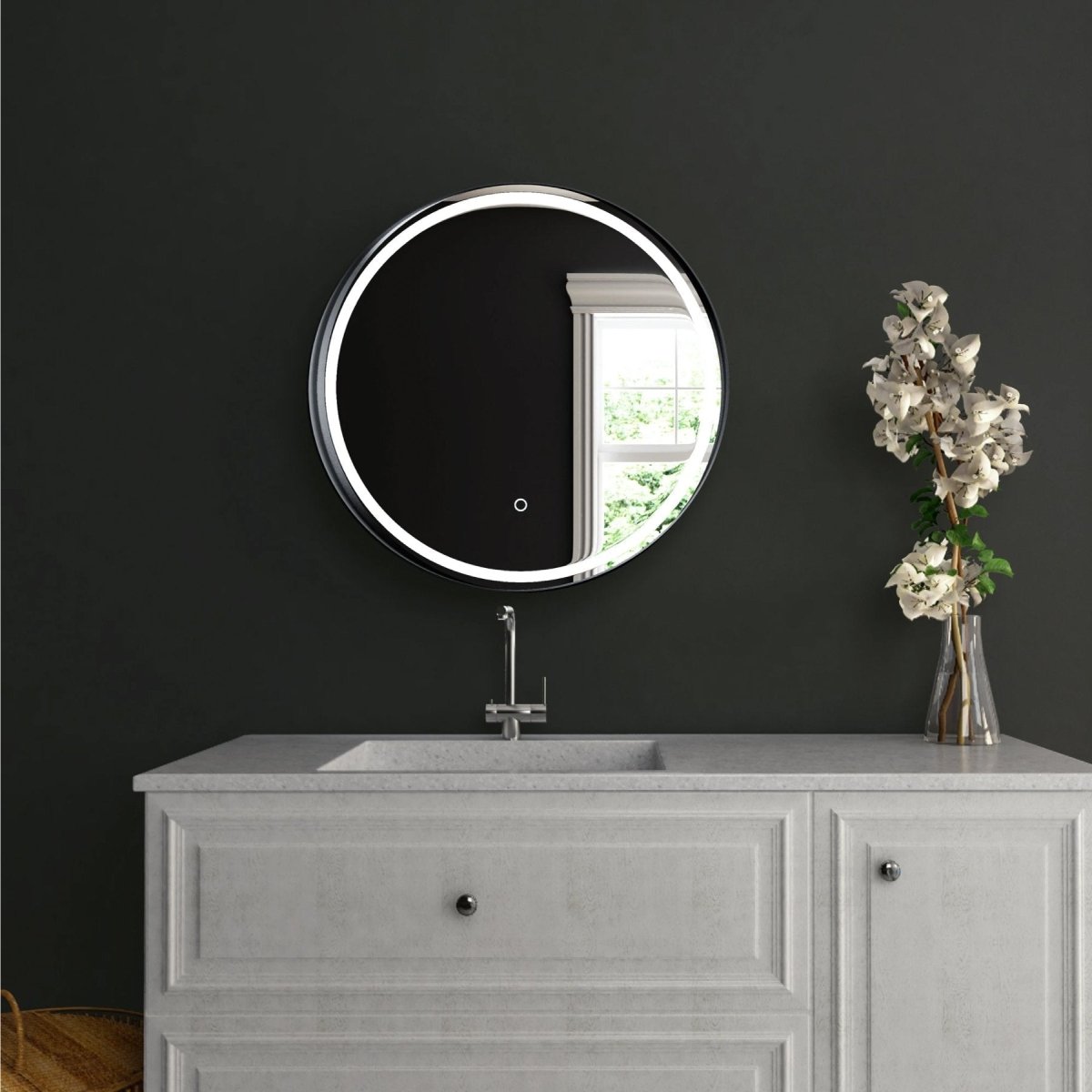 24 Inch Round LED Lighted Bathroom Vanity Mirror with Shelf, Touch Switch, Defogger and CCT Remembrance, CRI 90+, Raven Round Style - BUILDMYPLACE