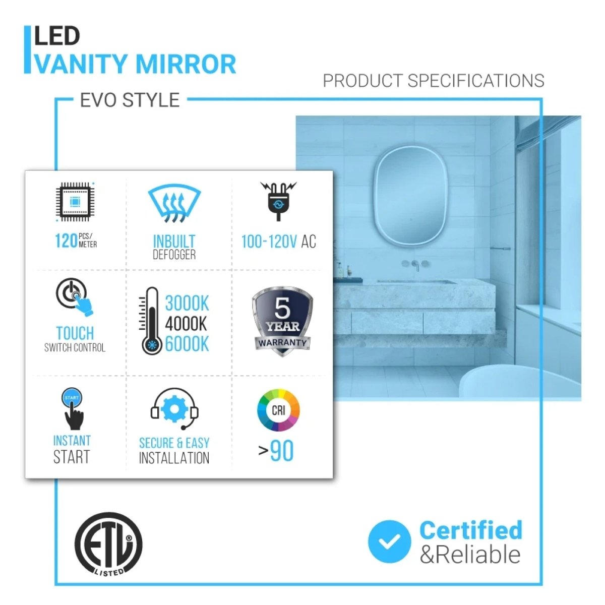 24 x 36 Inch LED Lighted Bathroom Mirror with Gold Frame - Evo Style Led Lighted Mirror - BUILDMYPLACE