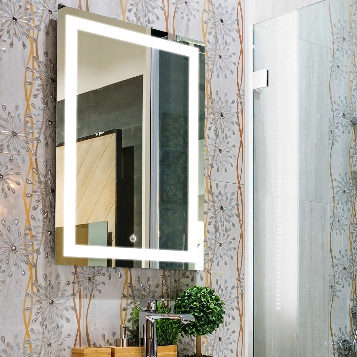 24 x 36 Inch Wall Mounted lighted vanity mirror with Touch Switch, Inner Window Style, Defogger, CCT Changeable - BUILDMYPLACE