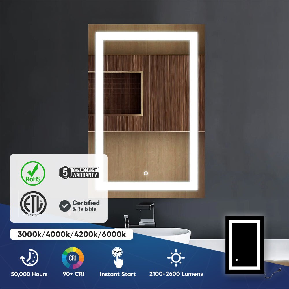 24 x 36 Inch Wall Mounted lighted vanity mirror with Touch Switch, Inner Window Style, Defogger, CCT Changeable - BUILDMYPLACE