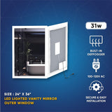 24" x 36" LED Bathroom Lighted Mirror & Defogger On/Off Touch Switch and CCT Changeable with Remembrance, Window Style - BUILDMYPLACE