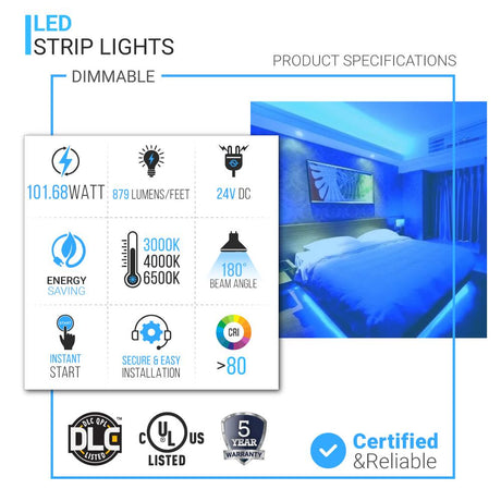 24V LED Strip Lights - IP20 - Dimmable - 879 Lumens/ft - SMD2835 Flexible Tape Lighting - BUILDMYPLACE