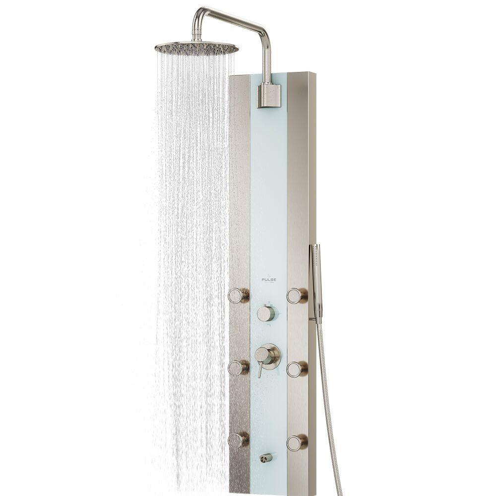 2.5 GPM White Glass 6 Jet Shower System W/ 10" Rain Showerhead - Tropicana - Brushed Nickel Shower System - BUILDMYPLACE