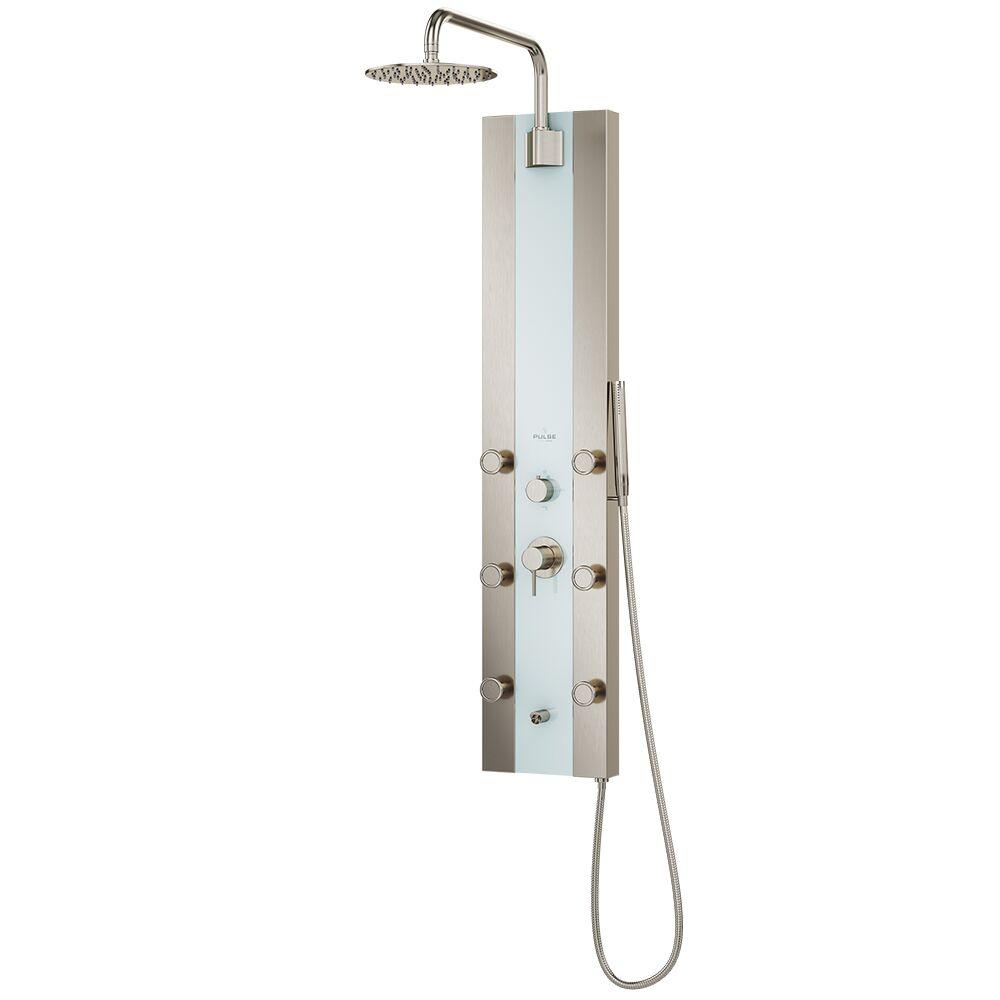 2.5 GPM White Glass 6 Jet Shower System W/ 10" Rain Showerhead - Tropicana - Brushed Nickel Shower System - BUILDMYPLACE