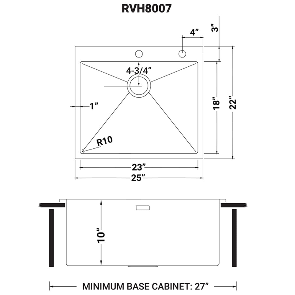 25 - inch Drop - in Tight Radius Topmount 16 Gauge Stainless Steel Kitchen Sink Single Bowl - BUILDMYPLACE