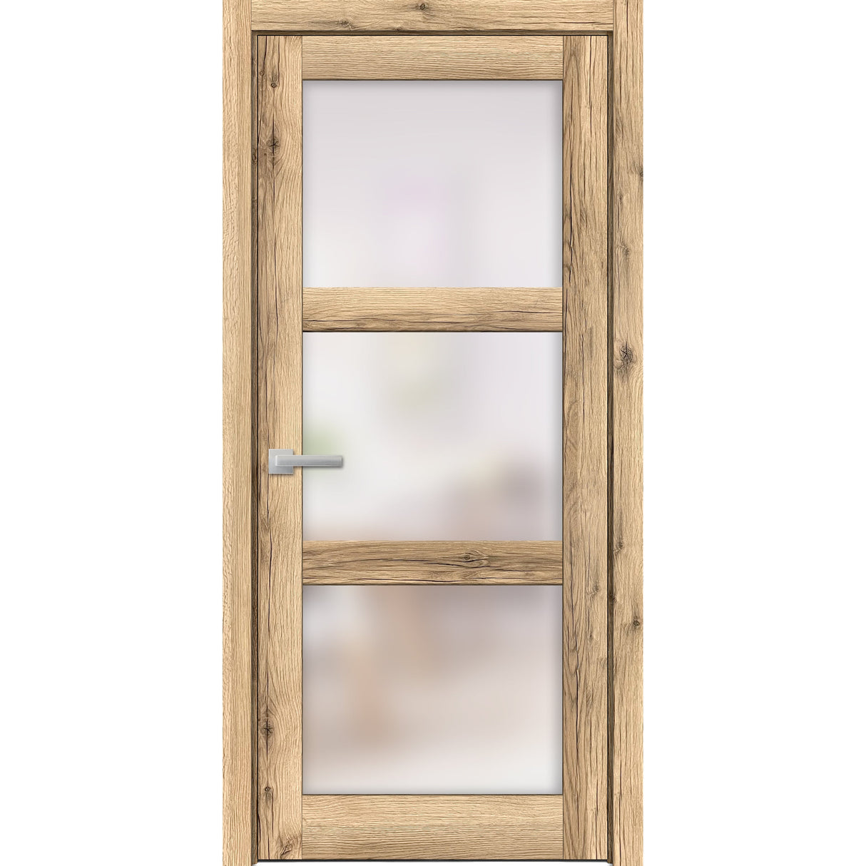 Solid French Door | Lucia 2552 Oak with Frosted Glass | Single Regular Panel Frame Trims Handle | Bathroom Bedroom Sturdy Doors