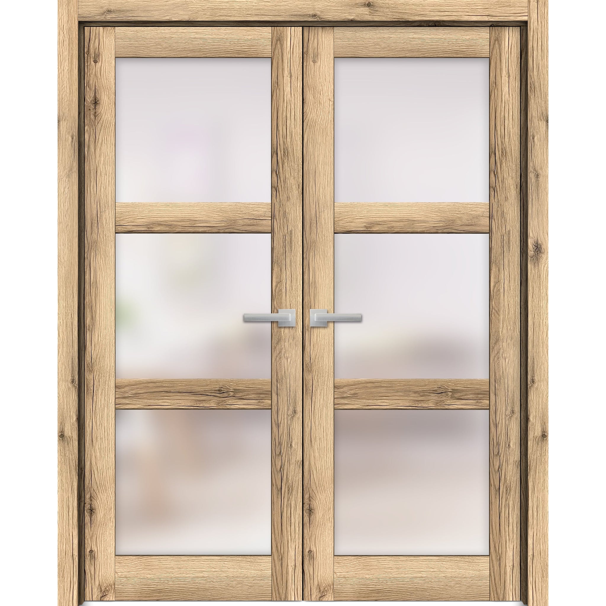 Solid French Double Doors | Lucia 2552 Oak with Frosted Glass | Wood Solid Panel Frame Trims | Closet Bedroom Sturdy Doors