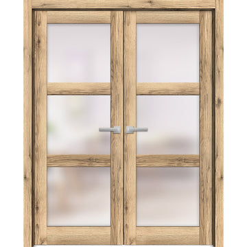 Solid French Double Doors | Lucia 2552 Oak with Frosted Glass | Wood Solid Panel Frame Trims | Closet Bedroom Sturdy Doors