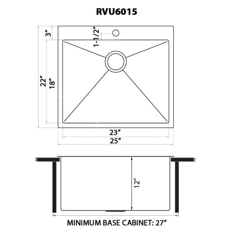 25Inch Topmount Laundry Utility Sink Tight Radius Deep 16 Gauge Stainless Steel - BUILDMYPLACE