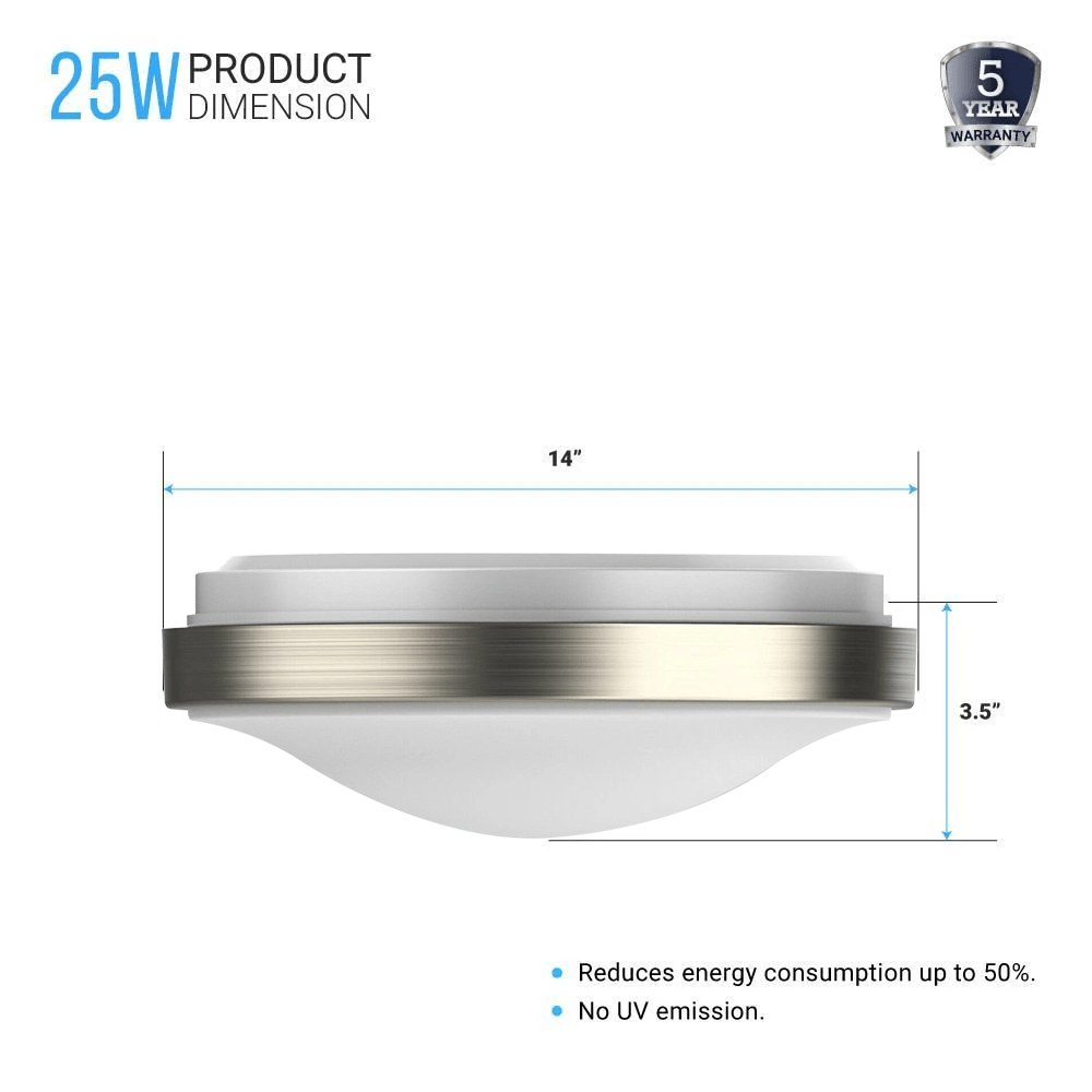 25W LED Flush Mount Ceiling Lights - 14" Round Brushed Nickel Design - 1750 Lm - Single Ring - BUILDMYPLACE