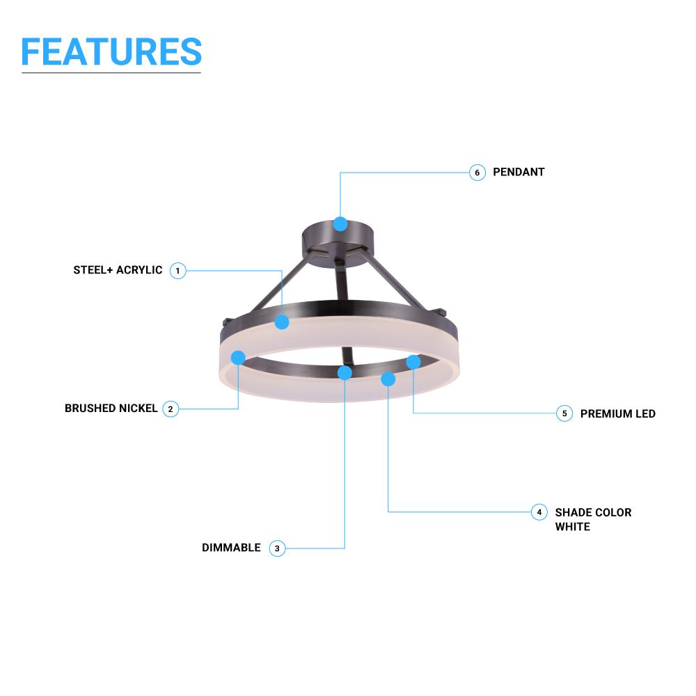 25W LED Ring Semi - Flushmount Light, 3000K (Warm White), Brushed Nickel Finish, 1450 Lumens, Triac Dimmable, ETL Listed - BUILDMYPLACE