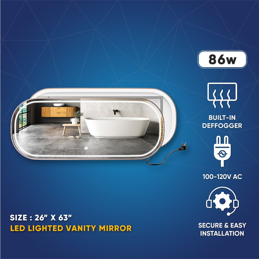 26 in. X 63 in. LED Lighted Bathroom Vanity Mirror with Rose Gold Frame, CRI 90+, Anti - Fog Adjustable Color Temperature & Remembrance, Lighted Makeup Mirrors, Realx Style - BUILDMYPLACE