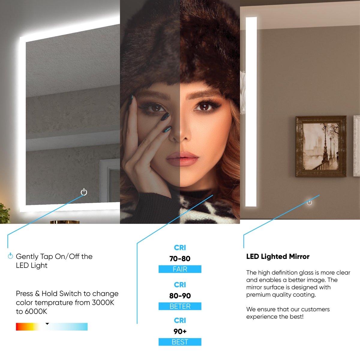 26 in. X 63 in. LED Lighted Bathroom Vanity Mirror with Rose Gold Frame, CRI 90+, Anti - Fog Adjustable Color Temperature & Remembrance, Lighted Makeup Mirrors, Realx Style - BUILDMYPLACE