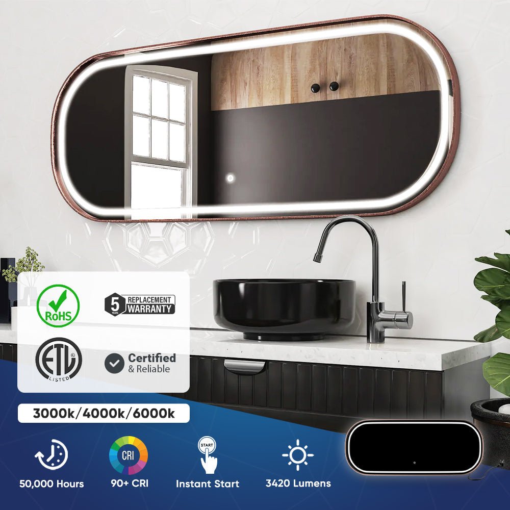 26 in. X 63 in. LED Lighted Bathroom Vanity Mirror with Rose Gold Frame, CRI 90+, Anti - Fog Adjustable Color Temperature & Remembrance, Lighted Makeup Mirrors, Realx Style - BUILDMYPLACE