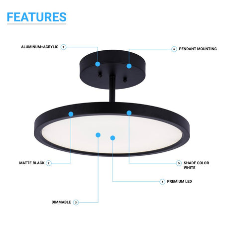 28W Round Shape LED Semi Flush Mount Ceiling Lights, Matte Black Finish with White Acrylic Shade, 1950LM, Dimmable - BUILDMYPLACE