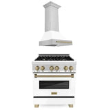 ZLINE Autograph Edition 30 in. Kitchen Package with Stainless Steel Dual Fuel Range with White Matte Door and Range Hood with Champagne Bronze Accents (2AKP-RAWMRH30-CB)
