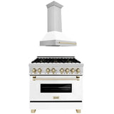 ZLINE Autograph Edition 36 in. Kitchen Package with Stainless Steel Dual Fuel Range with White Matte Door and Range Hood with Polished Gold Accents (2AKP-RAWMRH36-G)