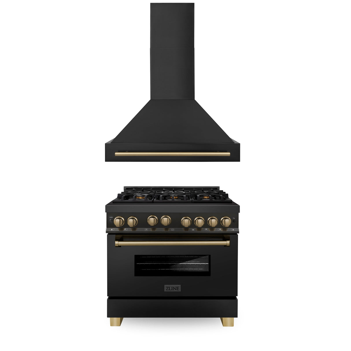 ZLINE 36" Autograph Edition Kitchen Package with Black Stainless Steel Gas Range and Range Hood with Champagne Bronze Accents (2AKP-RGBRH36-CB)