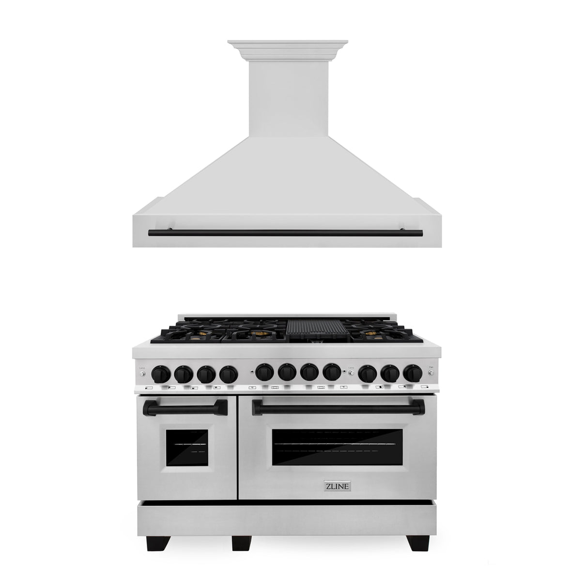 ZLINE 48" Autograph Edition Kitchen Package with Stainless Steel Gas Range and Range Hood with Matte Black Accents (2AKPR-RGRH48-MB)